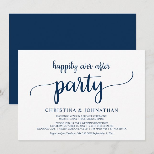 Elopement, Happily Ever After Party, Navy Blue Invitation (Front/Back)