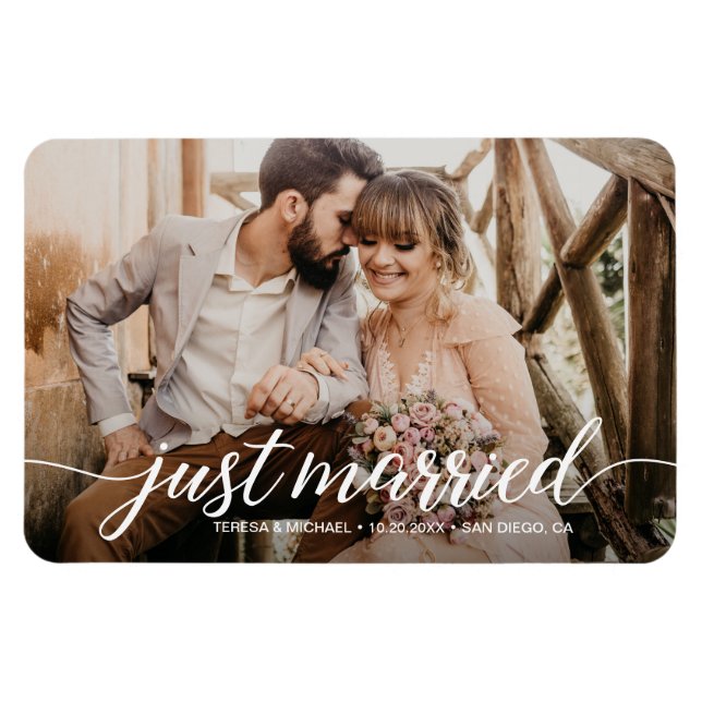 Elopement Just Married Script Wedding Photo Magnet (Horizontal)