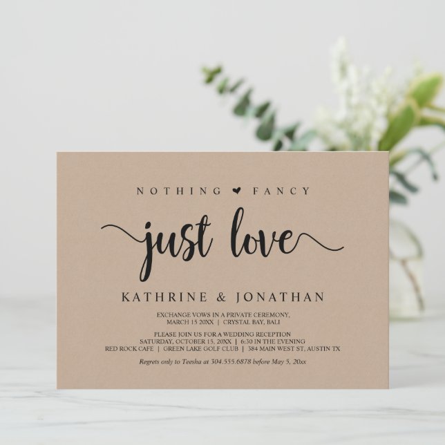 Elopement, Nothing Fancy Just Love, Modern Kraft Invitation (Standing Front)