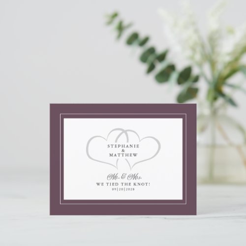 Elopement We Tied The Knot Mr  Mrs Purple White Invitation Postcard