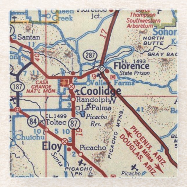 Eloy Arizona and Coolidge Vintage Map Glass Coaster (Front)