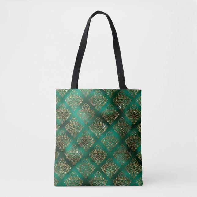 Elrgant Green Gold Glitter Damask Chic Tote Bag (Front)