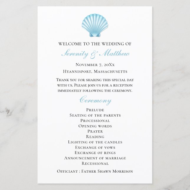 Elrgant Shell Blue Nautical Beach Wedding Program (Front)