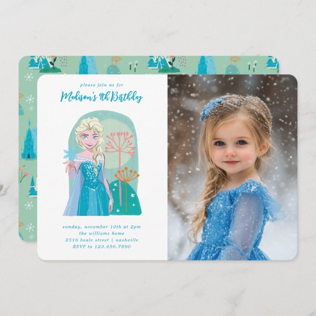 Elsa from Frozen Floral Girls Birthday - Photo Invitation (Front/Back)