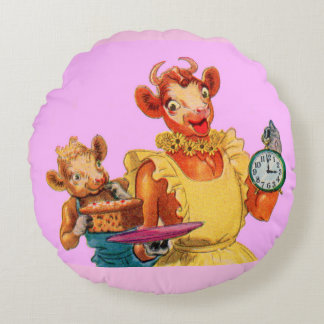 Elsie the Cow and daughter Beulah - It's Cake Time Round Pillow