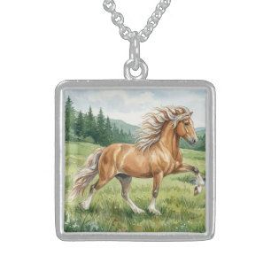 Elska Icelandic Horse Watercolor landscape Sterling Silver Necklace