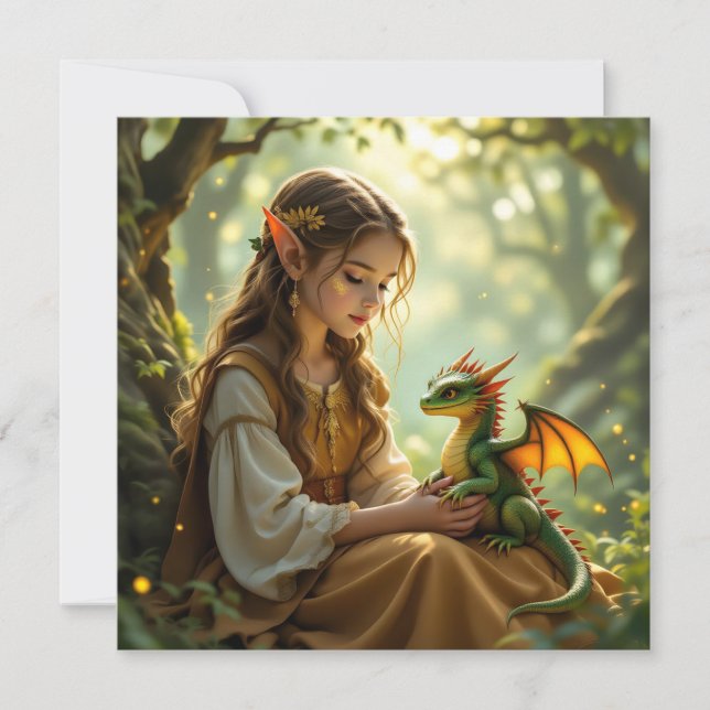 Elven Fairy with Dragon in Enchanted Forest Card (Front)