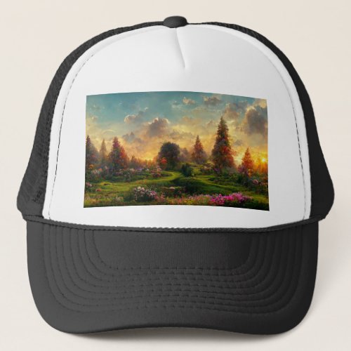 elven landscape fantasy realistic lake and forest trucker hat