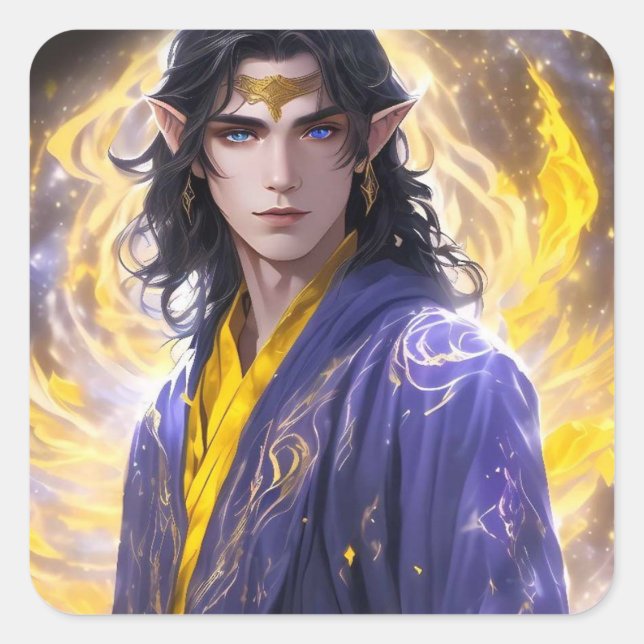 Elven Mage with Fire & Stars: Fantasy Art Square Sticker (Front)