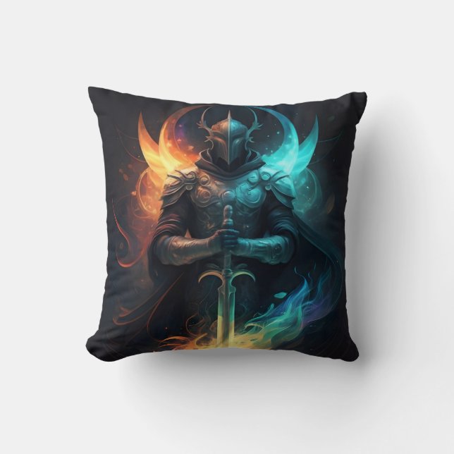 Elven Magic: Knight with Enchanted Sword Throw Pillow (Front)