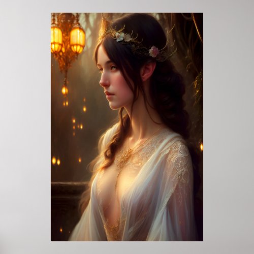 Elven Princess in White Lace Dress Poster