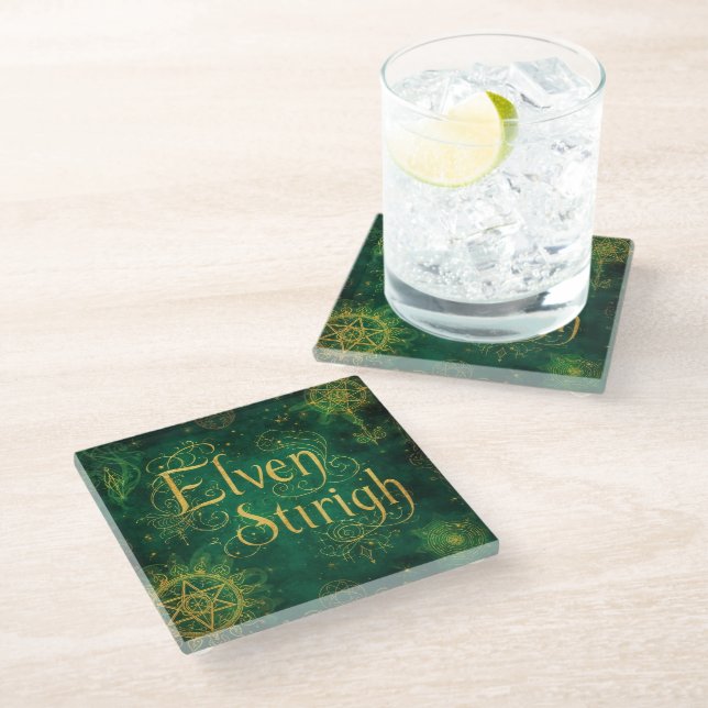 Elven Stirigh – Sigils in Green Glass Coaster (Angled)
