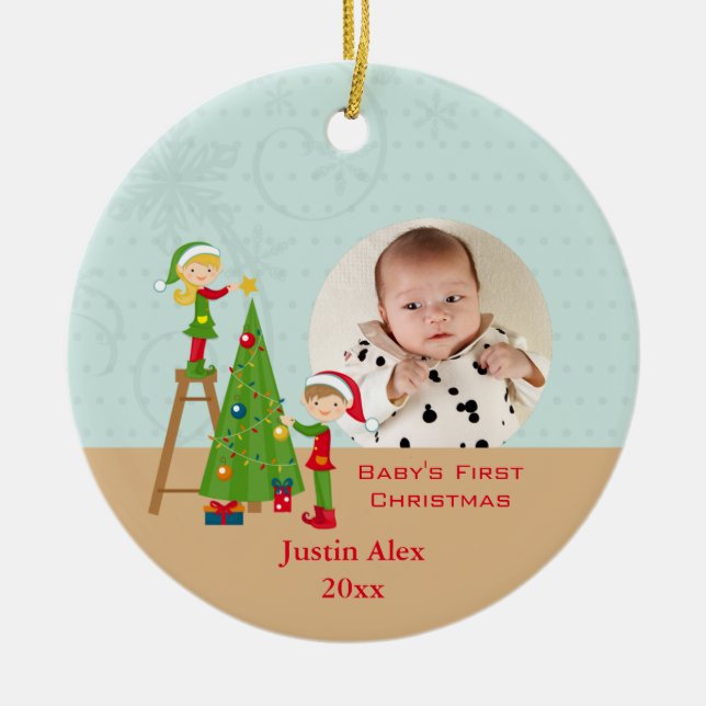 Elves and a Christmas tree holiday photo ornament (Front)