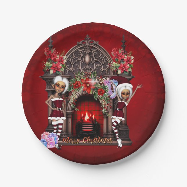 Elves are looking forward to Christmas Paper Plates (Front)