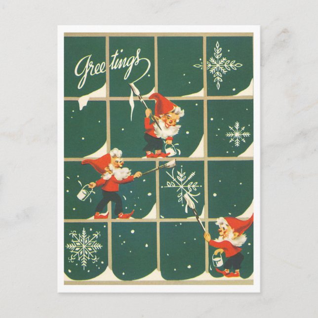 Elves Christmas Holiday Decorating Window Retro Postcard (Front)