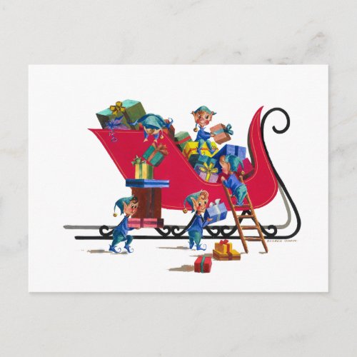 ELVES FILLING SANTAS SLEIGH by SHARON SHARPE Holiday Postcard