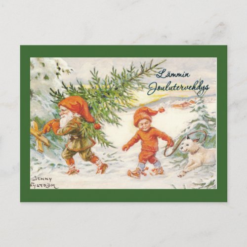 Elves Harvesting Christmas Trees Holiday Postcard