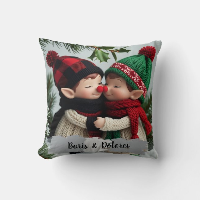 Elves Hugs Under the Mistletoe Throw Pillow (Front)