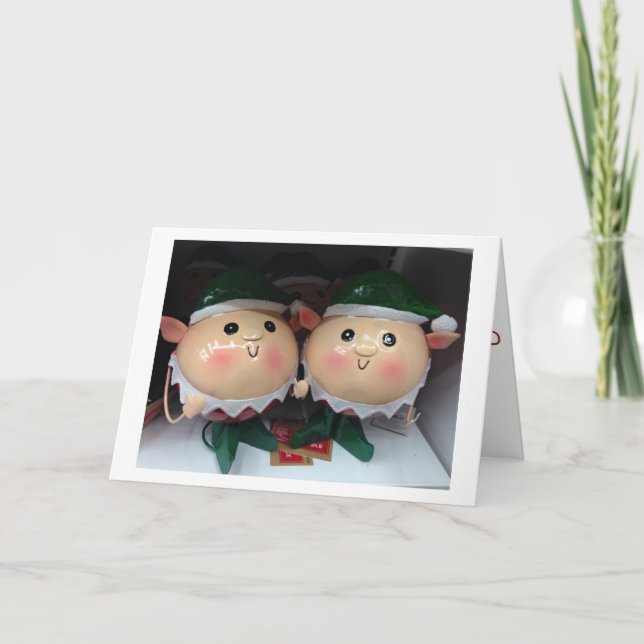 ELVES ON SHELF SAYING "MERRY CHRISTMAS" TO YOU HOLIDAY CARD (Front)
