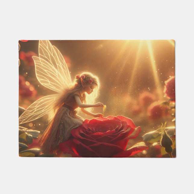 Elves pollinate red rose with love doormat (Front)