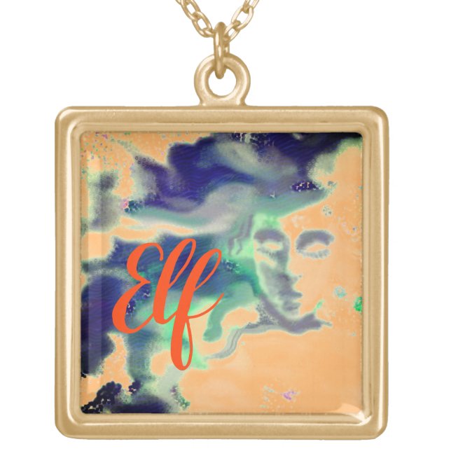 Elvish face - fantasy art. Your text Gold Plated Necklace (Front)