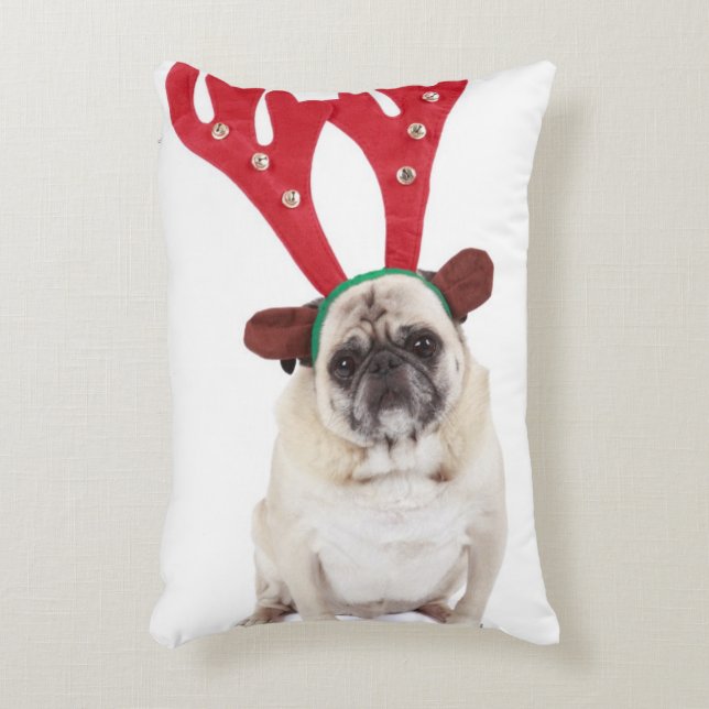 Embarrassed looking Pug wearing Reindeer Antlers Accent Pillow (Front(Vertical))