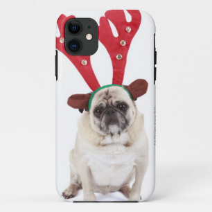 Embarrassed looking Pug wearing Reindeer Antlers iPhone 11 Case