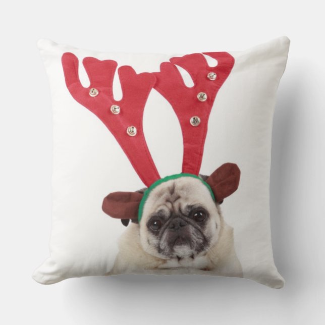 Embarrassed looking Pug wearing Reindeer Antlers Throw Pillow (Front)