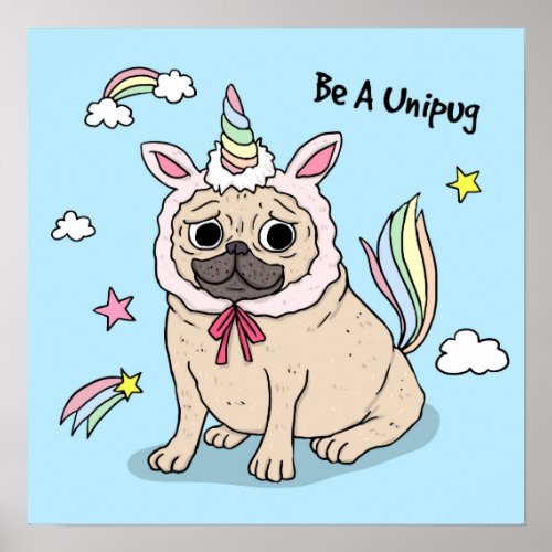 Embarrassed Pug with Unicorn Hat on Poster