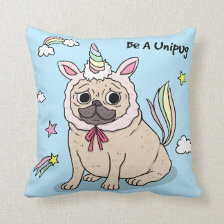 Embarrassed Pug with Unicorn Hat on Throw Pillow