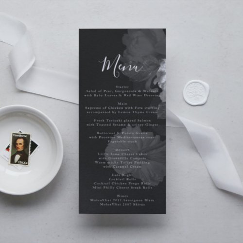 Embellished Black and White Floral Wedding Menu