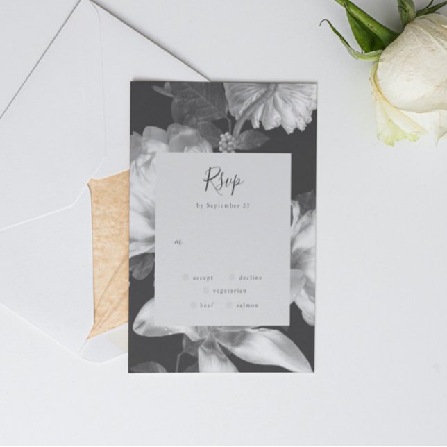 Embellished Black White Vintage Floral Wedding RSVP Card (Creator Uploaded)