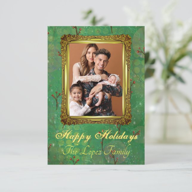 Embellished Gold Frame and Holly Pattern Card (Standing Front)