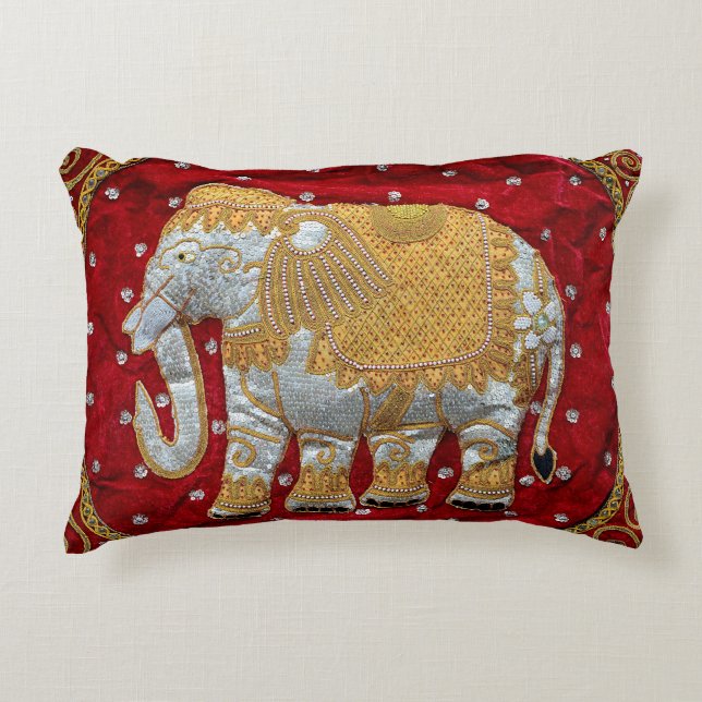 Embellished Indian Elephant Red and Gold Accent Pillow (Front)