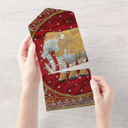 Embellished Indian Elephant Red and Gold All In One Invitation