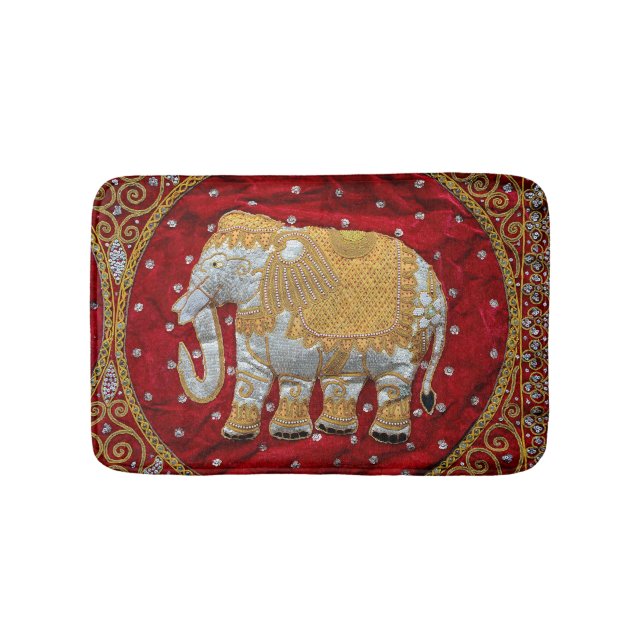 Embellished Indian Elephant Red and Gold Bathroom Mat (Front)