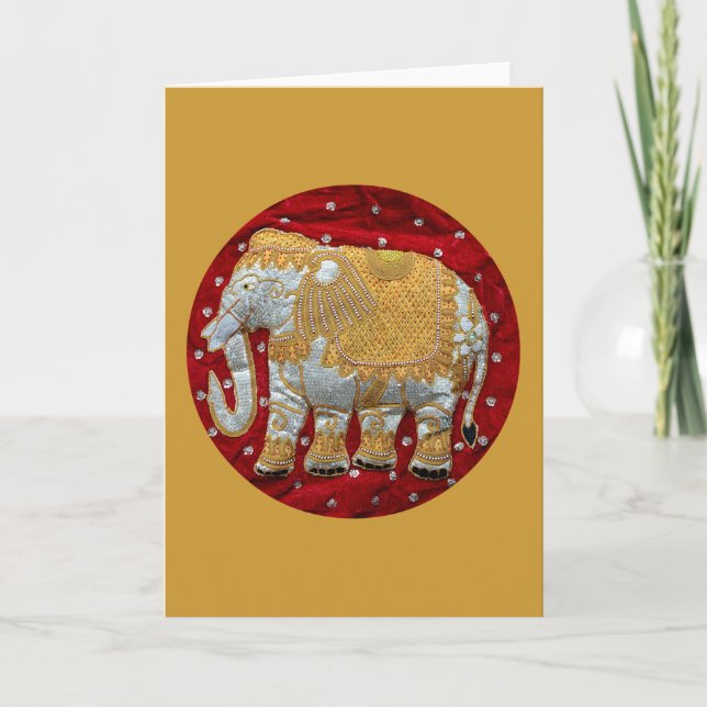 Embellished Indian Elephant Red and Gold Card (Front)