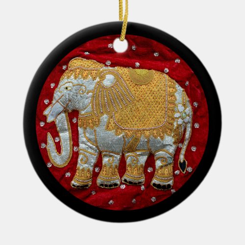 Embellished Indian Elephant Red and Gold Ceramic Ornament
