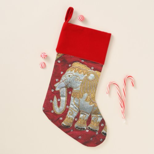 Embellished Indian Elephant Red and Gold Christmas Stocking