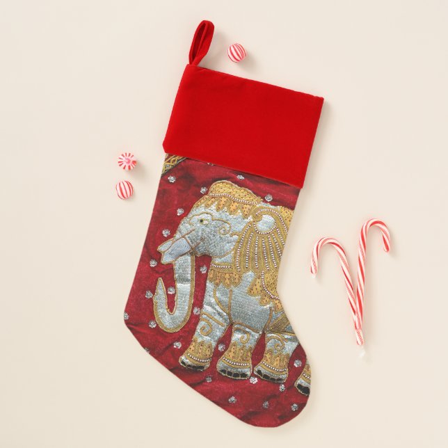 Embellished Indian Elephant Red and Gold Christmas Stocking (Front)