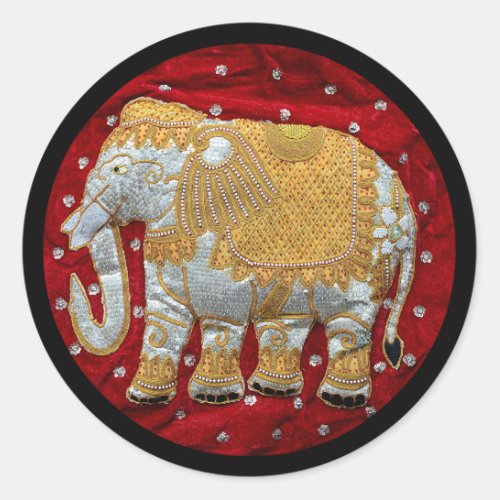 Embellished Indian Elephant Red and Gold Classic Round Sticker