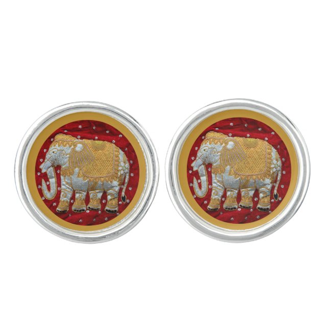 Embellished Indian Elephant Red and Gold Cufflinks (Front)