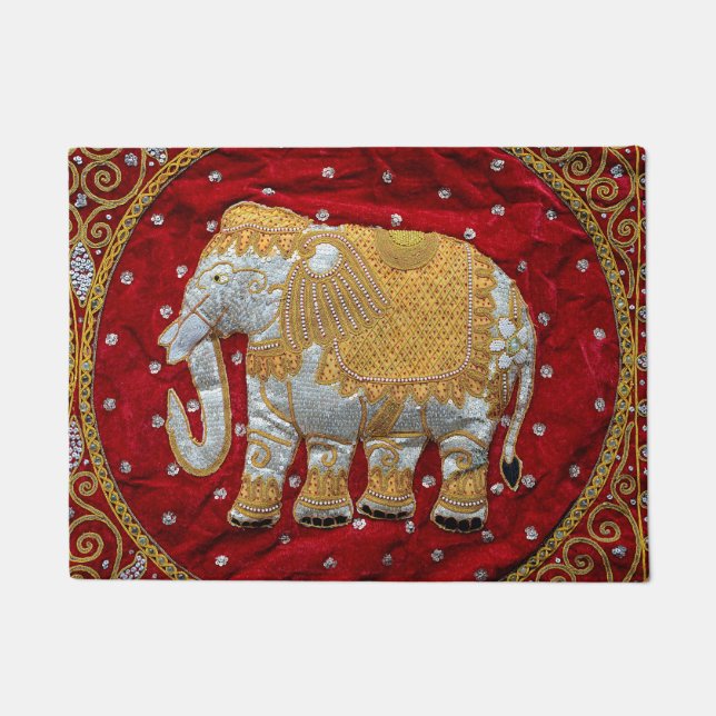 Embellished Indian Elephant Red and Gold Doormat (Front)