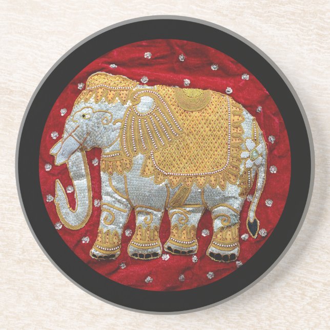 Embellished Indian Elephant Red and Gold Drink Coaster (Front)