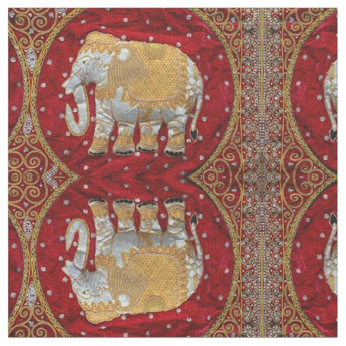 Embellished Indian Elephant Red and Gold Fabric