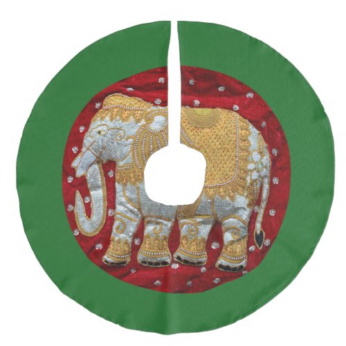 Embellished Indian Elephant Red and Gold Faux Linen Tree Skirt