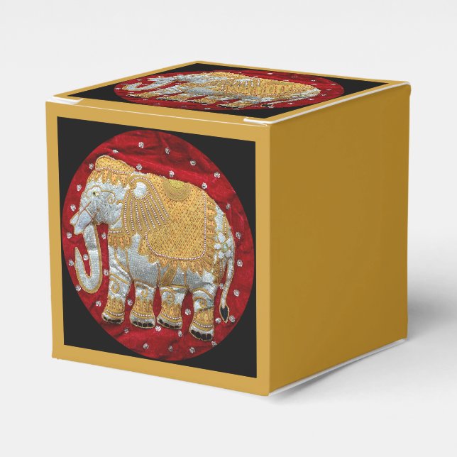 Embellished Indian Elephant Red and Gold Favor Boxes (Front Side)