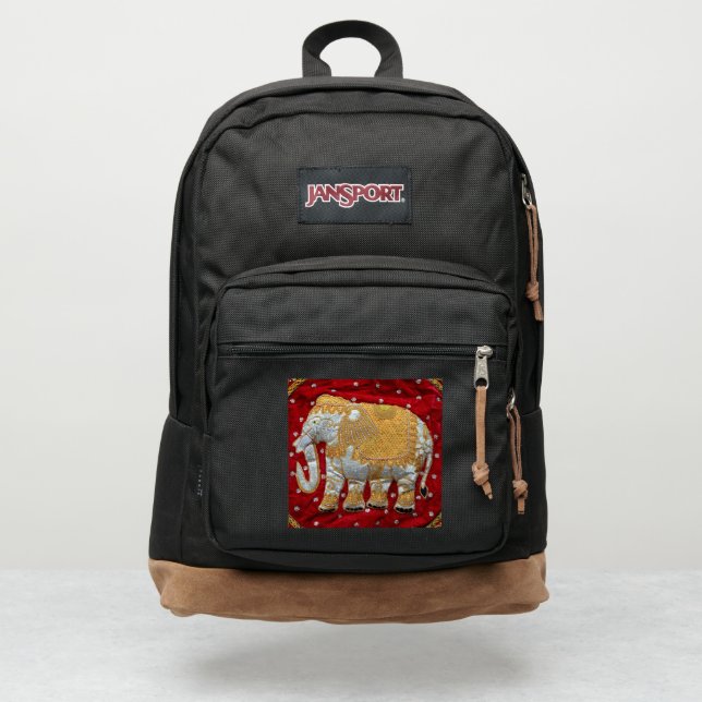 Embellished Indian Elephant Red and Gold JanSport Backpack (Front)