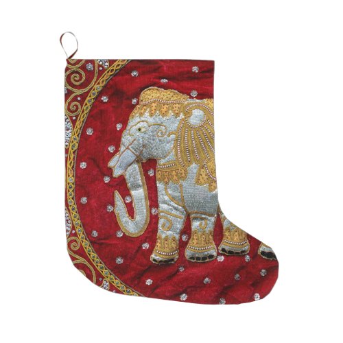 Embellished Indian Elephant Red and Gold Large Christmas Stocking