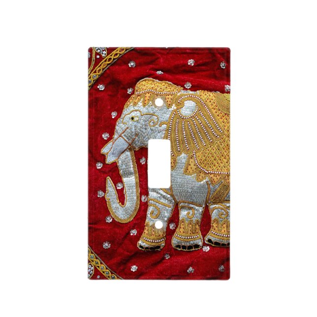 Embellished Indian Elephant Red and Gold Light Switch Cover (Front)